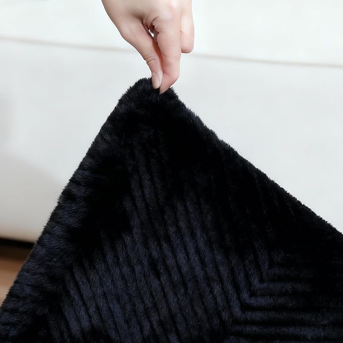 Area Rug for Living Room - 4x6 Soft Faux Rabbit Fur Modern Geometric Wave Carpet for Bedroom, Black