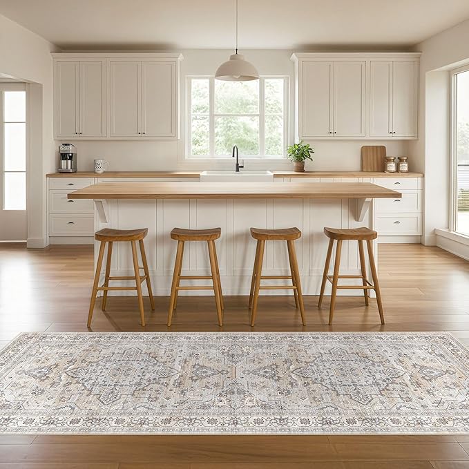Runner Rug Kitchen Washable Rugs: 3x8 Non-Slip Boho Soft Vintage Stain Resistant Indoor Floor Neutral Farmhouse Throw Carpet for Hallway Bathroom Laundry Room Entryway Bedroom- Ivory Gray