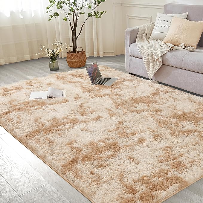 Andency Soft Area Rugs for Living Room Bedroom, 4x6 Fluffy Shaggy Bedside Rug, Non-Slip Large Shag Fuzzy Plush Carpets for Bedroom Kids Dorm Nursery Home Decor Aesthetic, Tie-Dyed Beige