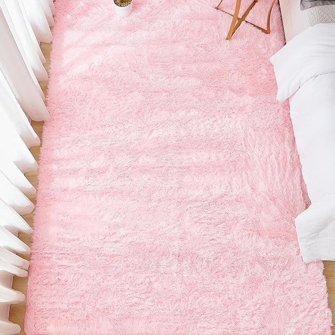 Andency Pink Soft Area Rugs for Living Room Bedroom, 4x6 Fluffy Shaggy Bedside Rug, Non-Slip Large Shag Fuzzy Plush Carpets for Bedroom Kids Dorm Nursery Home Decor Aesthetic