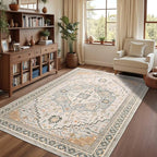 5x7 Grey Beige Area Rug for Living Room, Machine Washable Rugs with Non-Slip Backing for Bedroom, Vintage Medallion Carpet Dining Room Office Kids Room Decor