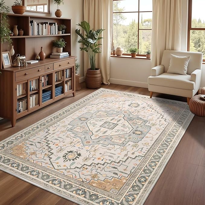 5x7 Grey Beige Area Rug for Living Room, Machine Washable Rugs with Non-Slip Backing for Bedroom, Vintage Medallion Carpet Dining Room Office Kids Room Decor