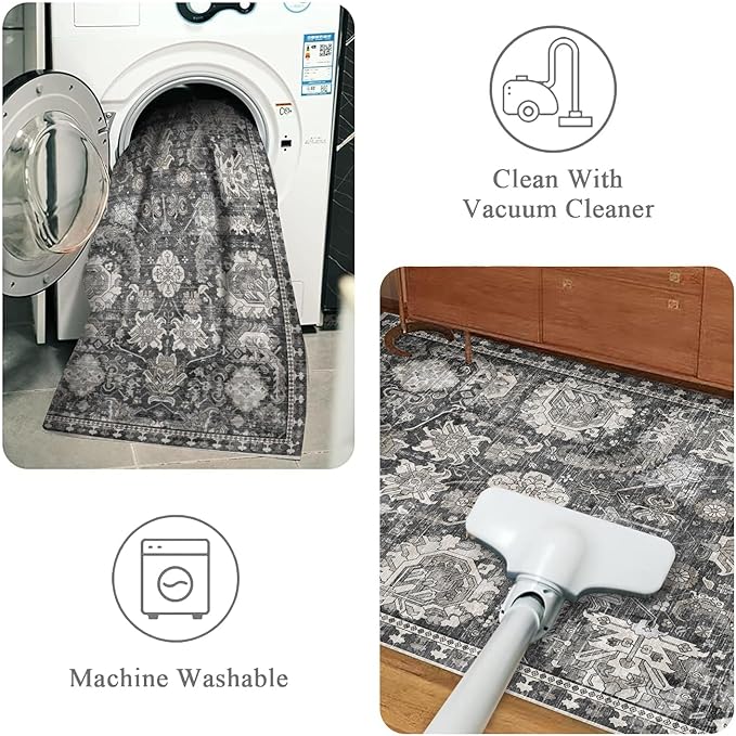 RUGSURE Washable Area Rugs - Perfect for Living Room, Bedroom, Kids Room, Nursery - Stain & Water Resistant Non-Slip, Pet & Child Friendly, Vintage Tribal Area Rugs (Grey, 4' x 6')