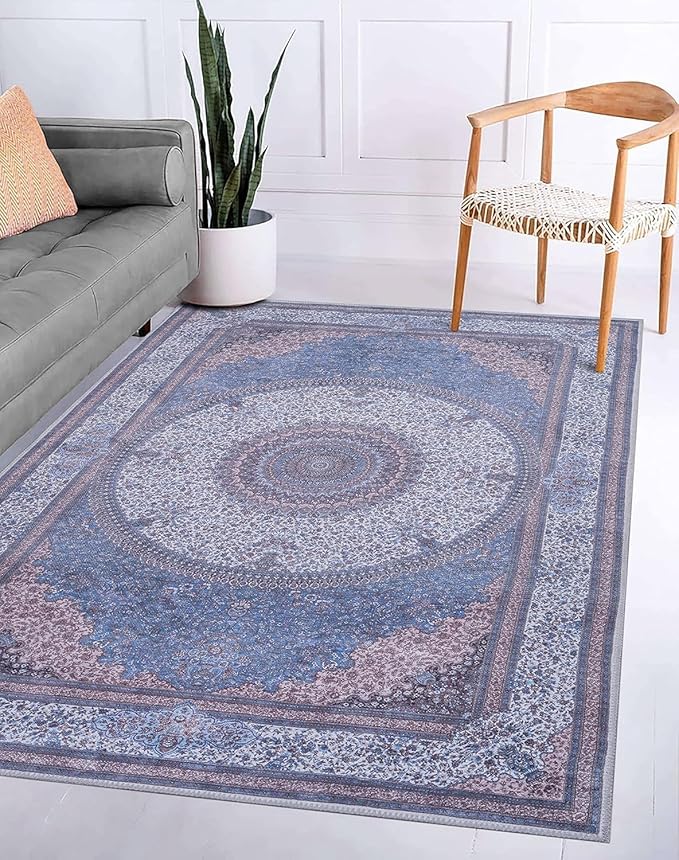 GLN Rugs Traditional Collection - Machine Washable Area Rug, Traditional Washable, Non Slip, Low Pile Chenille Rug, Living Room, Bedroom, Kitchen Rug (3' x 5' Navy/Off White)
