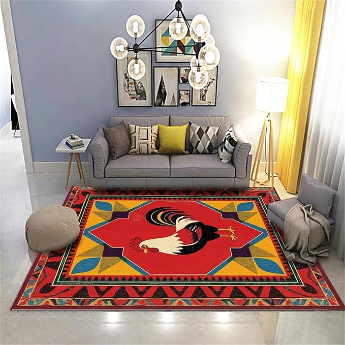 Country Rooster Rugs，5x7ft,Colorful Geometric Rooster Pattern Rug，Rooster Pattern Colorful Rug. Ethnic Vintage Design Non-Slip Washable Floor Mat for Living Room Bedroom Farmhouse Home Office