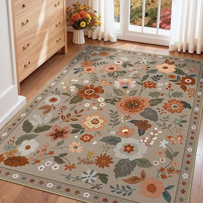 Floral 3x5 Area Rug Machine Washable Soft Print Boho Carpet Non Slip Doormat Low Pile Flower Area Rugs for Living Room Bedroom Nursery Kitchen Dining Room Indoor-Brown/Brick