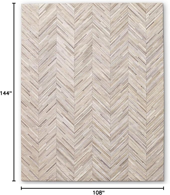 Elegant Rectangular Rug Cowhide Leather Luxury Non Slip Chevron Patchwork Area Rug for Bedroom and Home Décor Floor Carpet (Beige-9 x 12 ft)
