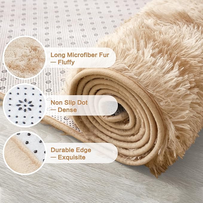 Andency Area Rugs 9x12 for Living Room Home Decor, Large Shaggy Bedroom Carpet, Non-Slip Big Shag Indoor Thick Soft Fluffy Furry Fur Area Rugs for Kids Dorm Nursery Aesthetic, Tie-Dyed Beige