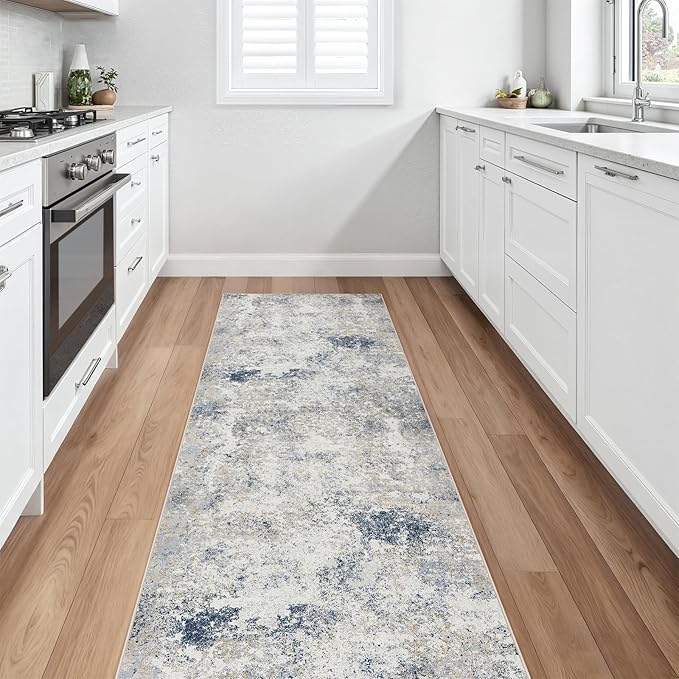 2.6'x8' Hallway Runner Washable Rug - Modern Abstract Rug Runners for Hallways Non-Slip Low Pile Thin Soft Machine Washable Carpet for Bedroom, Laundry, Kitchen, Indoor Entryway (2.6'x8' Beige Blue)