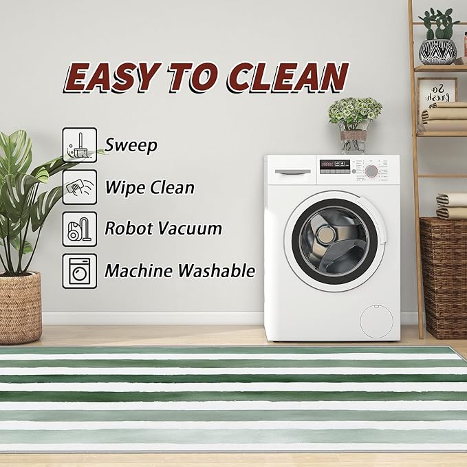 Striped Rug for Entryway Indoor - 3x4ft - Green and White Stripe Minimalist Watercolor Washable Non Slip Low Pile Small Rug for Bedroom, Striped Carpets Room Decor & Gifts