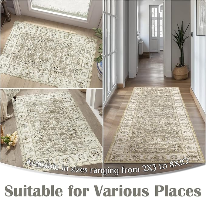 jinchan Fiora Hallway Runner Rug 3x10 Washable Runner - Vintage Floral Non Slip Low-Pile Soft Thin Faux Wool Kitchen Rug Distressed Carpet for Farmhouse Bedroom Laundry Room(3x10ft, Taupe)