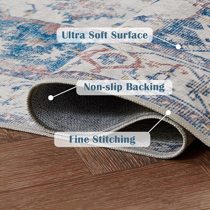 jinchan Kelda Runner Rug 3x10 Vintage Hallway Rug Washable Runner Retro Floor Cover Lightweight Non-Slip Low Pile Thin Distressed Carpet for Entryway Bathroom Laundry Room Bedroom Stairway Navy Blue
