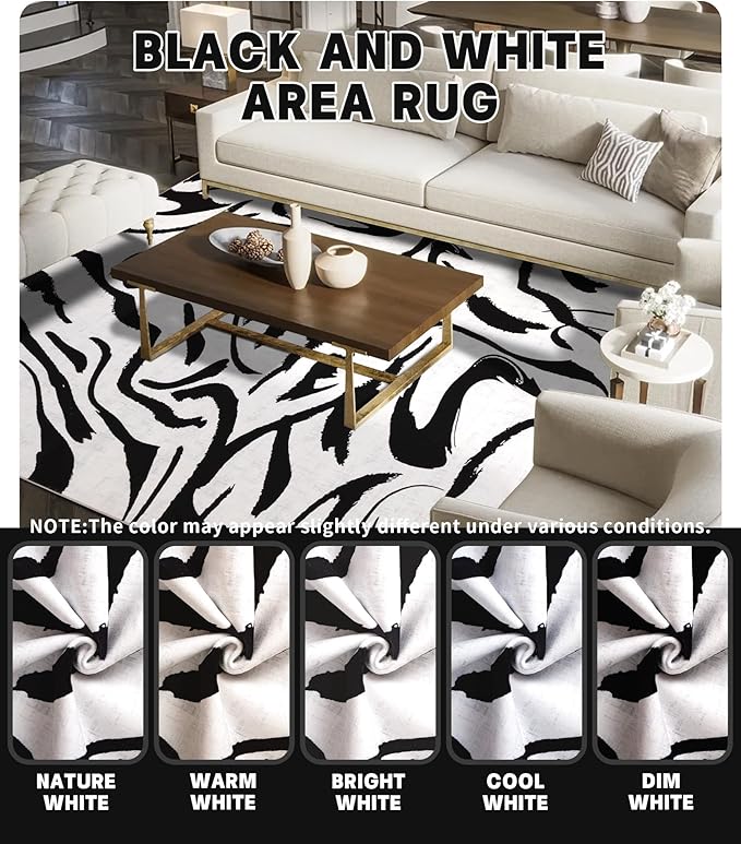 YIHOUSE Modern Area Rugs for Living Room, 9x12 Washable Black and White Rug, Thin Abstract Geometric Striped Rug, Area Rug for Bedroom,Kitchen,Dining Room,Office