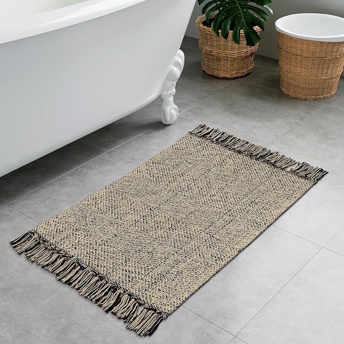 Collive Washable Small Bathroom Rug 2x3, Hand Woven Low Profile Front Door Mat Natural/Black Farmhouse Entryway Rugs, Cotton Reversible Kitchen Carpet for Foyer Bedroom Door Decor