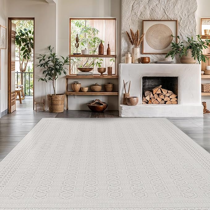 Micro Loop Indoor Rug White 10x14 Boho Geometric Neutral Area Rugs for Living Room Soft Luxury Modern Low and High Pile Durable Stain Resistant Non-Shedding Indoor Area Carpet 10 x 14