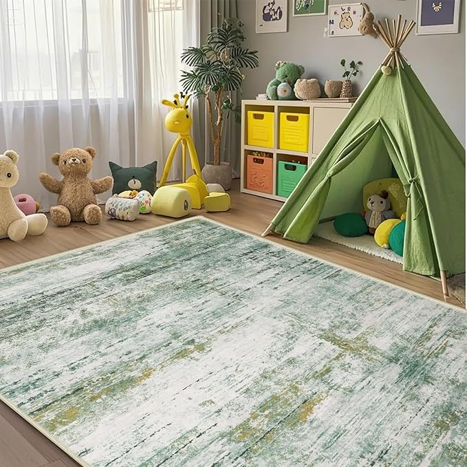 8x10 Abstract Area Rugs for Living Room, Modern Washable Indoor Rug for Bedroom, Thin Soft Large Non-Slip Carpet for Dining Room Home Office Farmhouse Decor - Abstract Army Green