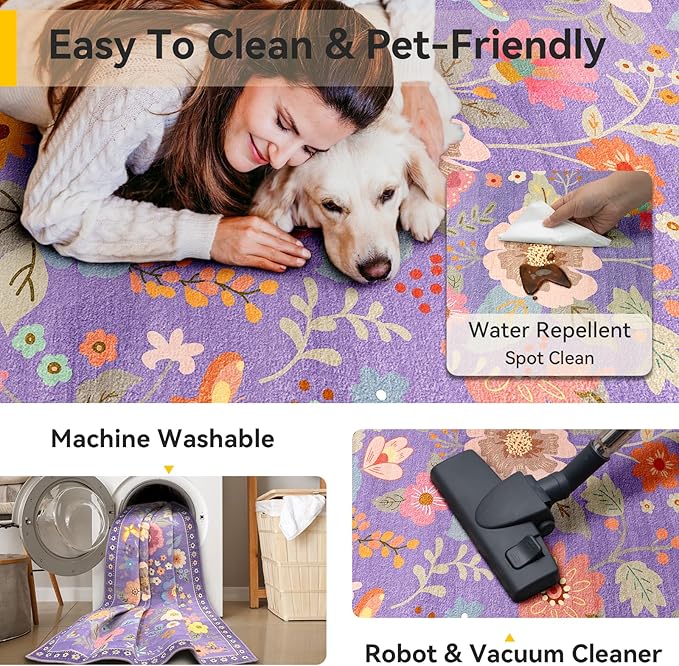 Floral 5x7 Area Rug Machine Washable Soft Print Boho Carpet Non Slip Doormat Low Pile Flower Area Rugs for Living Room Bedroom Nursery Kitchen Dining Room Indoor-Purple/Pink/Multi
