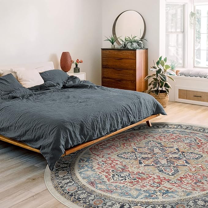 RUGGABLE Washable Vintage Area Rug – Kamran Cayenne Red 6 ft Round, Stain-Resistant, Non-Slip – Medium Machine Washable Rugs for Living Room, Bedroom, Hallway, Entryway & Office–with Cushioned Pad