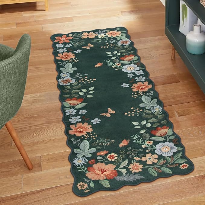 Lahome Floral Small Rug, 2x4 Kitchen Rugs Non Slip Washable Rug Ultra-Thin, Soft Front Door Mat Indoor Entrance Stain Resistant Boho Low-Pile Entry Carpet for Bathroom Bedroom(2x4ft,Dark Green)