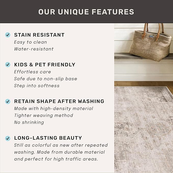 Washable Beige Brown Rugs for Entryway Indoor - 3x5 Throw Rug for Large Kitchen, Bedroom Bedside, Bathroom, Mudroom, Mordern Abstract Medallion Light Brown Décor, Non Slip Low Pile Fade Resistant