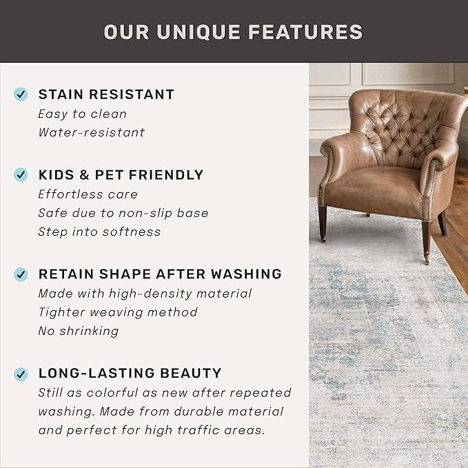 Light Blue 2x4 Runner Rug for Entryway Indoor, Kitchen Floor Waterproof, Bathroom, Powder Room, Washable Non Slip Low Pile Stain & Fade Resistant, Modern Eclectic Dusty Blue Décor