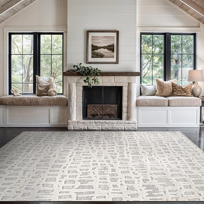 Beverly Rug Micro Loop Area Rug Gray/White 5x7 Abstract Modern Luxury Irregular Grid Durable Soft Indoor Rugs for Living Dining Room Office Stain Resistant Non Shedding Casual Indoor Carpet 5 x 7