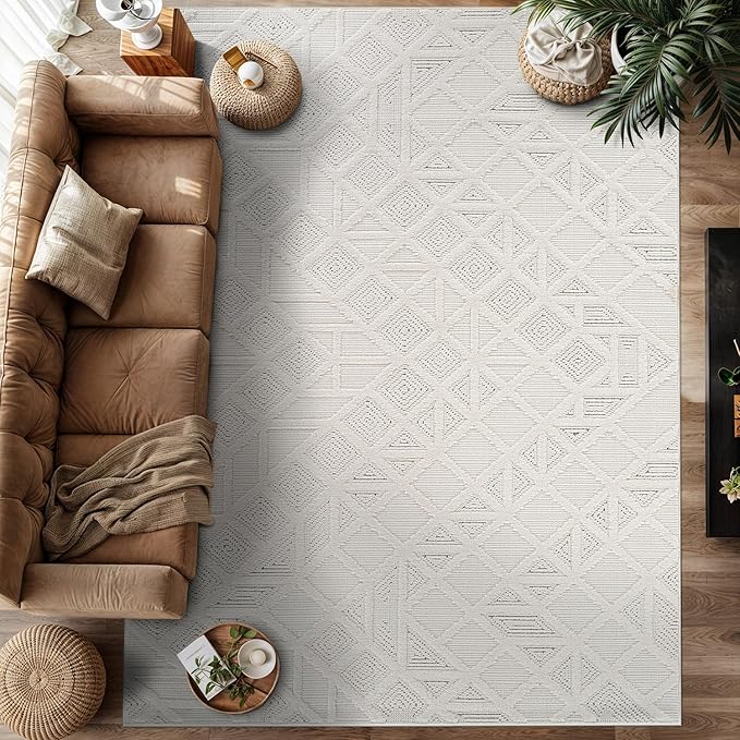 Modern Micro Loop Indoor Area Rugs for Living Room Bedroom Kitchen Geometric Square White 8x10 Luxury Durable Low and High Pile Non-Shedding Stain Resistant Soft Area Carpet 8 x 10