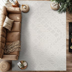 Modern Micro Loop Indoor Area Rugs for Living Room Bedroom Kitchen Geometric Square White 8x10 Luxury Durable Low and High Pile Non-Shedding Stain Resistant Soft Area Carpet 8 x 10