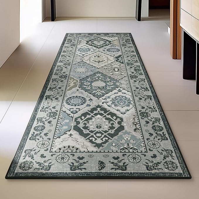 Phantoscope Washable Runner Rug 2'x6' Non-Slip, Vintage Boho Hallway Rugs for Entryway, Stair, Bedroom, Distressed Moroccan Mosaic Diamond Pattern, Low-Pile Foldable Floor Carpet, Grey Charcoal