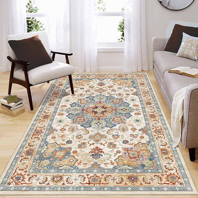 Enkor Area Soft Rugs 4x6 Washable Non Slip Boho Floor Rugs for Living Room Bedroom, Vintage Style Farmhouse Mat for Kitchen Entryway Orange & Beige