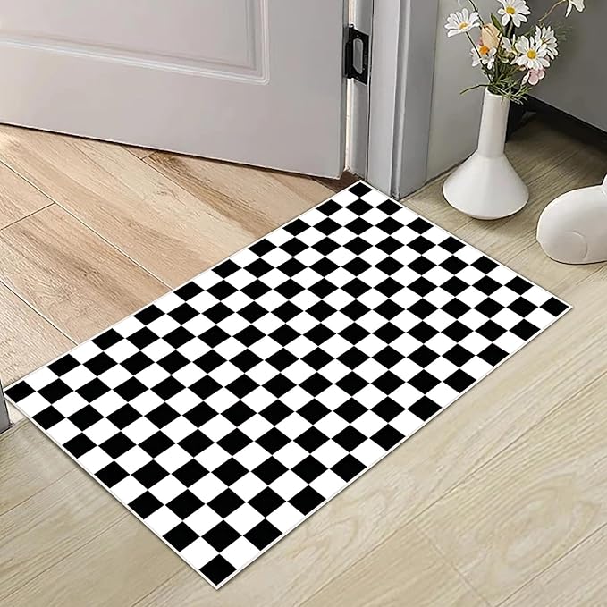 Checkered Rug 2x3 Black and White Rug Modern Entryway Indoor Small Carpet Washable Checkered Bathroom Mat Low-Pile Non-Slip Floor Carpet for Bedroom Kitchen Entryway (Black and White, 2x3ft)