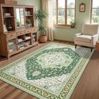 3x5 Green White Area Rug for Living Room, Machine Washable Rugs with Non-Slip Backing for Bedroom, Vintage Medallion Carpet Kitchen Laundry Kids Room Decor
