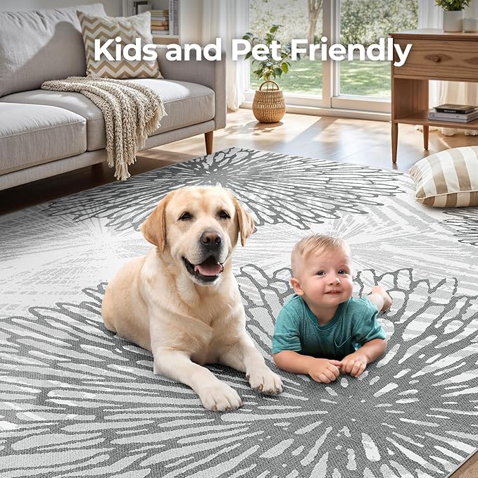 WITSHOCK 9x12 Washable Rug for Living Room,Modern Floral Distress Print Pattern Area Rugs,Stain Resistant with Non Slip Backing Carpet for Dining Room,Bedroom & Home Decor,Grey White
