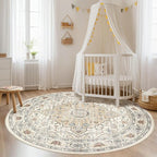 Round Rug Living Room Rugs: 8Ft Washable Boho Neutral Large Circle Soft Indoor Floral Stain Resistant Floor Farmhouse Carpet for Bedroom Nursery Kids Playroom Office Dining Room Dorm Home- Cream Blue