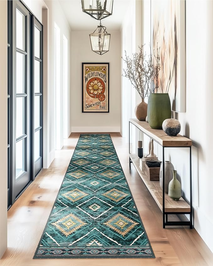 Area Rug 2x8 Rug Machine Washable Non-Slip Low Pile Print Pattern Western Rug for Living Room Bedroom Entryway Tribal Series -Teal/Green
