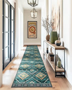 Area Rug 2x6 Rug Machine Washable Non-Slip Low Pile Print Pattern Western Rug for Living Room Bedroom Entryway Tribal Series -Teal/Green