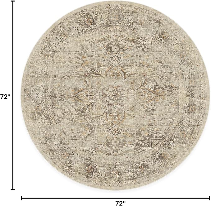 RUGGABLE Washable Vintage Area Rug – Sarrah Hazel 6 ft Round, Stain-Resistant, Non-Slip – Medium Machine Washable Rugs for Living Room, Bedroom, Hallway, Entryway & Office–with Cushioned Pad