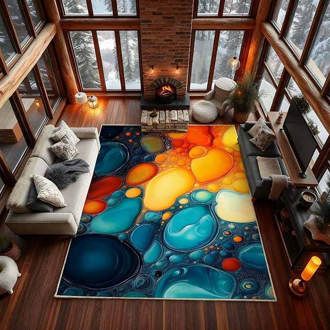 Modern Abstract Area Rug, Fluid Art Abstract Area Rug, Modern Colorful Bubbles Rugs, Geometric Rugs, Washable Non Slip Soft Alcohol Ink Carpet for Living Room (9' x 11'(Rectangular))