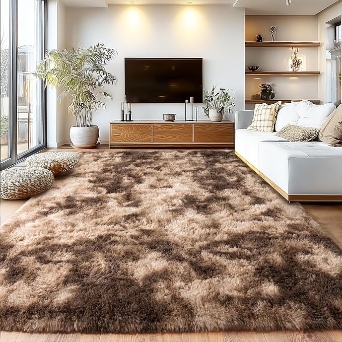 Soft Shaggy Rugs Fluffy Rug, Plush Area Rugs for Living Room Nursery Home Decor, Tie-Dyed Brown Anti-Skid Rectangular Fuzzy Rug 8x10 Feet