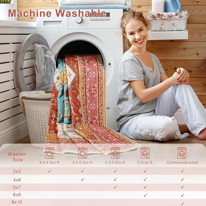 6x9 Orange Pink Area Rug for Living Room, Machine Washable Rugs with Non-Slip Backing for Bedroom, Vintage Medallion Carpet Dining Room Office Kids Room Decor