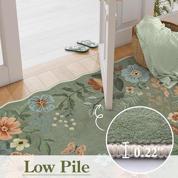 Lahome Floral Rugs for Entryway, 2x4 Washable Kitchen Rugs Ultra-Thin Soft Rug, Non Slip Indoor Door Mat Stain Resistant Boho Small Low-Pile Throw Carpet for Bathroom Bedroom(2x4ft,Green)