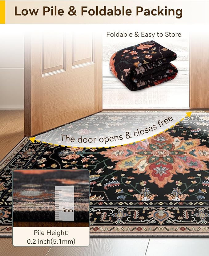 Area Rugs 10'x12' Washable Non-Slip, Floral Vintage Distress Print Pattern Medallion Carpet for Living Room Bedroom Dining Room, Black Colorful Floral Dark Tan