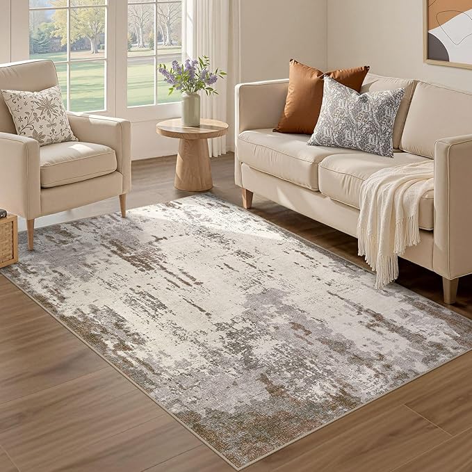 3x5 Area Rug Living Room Rugs - Washable Neutral Modern Abstract Soft Thin Rug Indoor Floor No Slip Rug Carpet for Bedroom Under Dining Table Home Office Decor - Brown/Grey/Beige