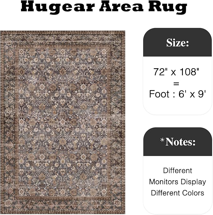HUGEAR 6x9 Machine Washable Rugs Tradition Brown Hallway Large Area Rug Indoor Accent Rug Floral Low Pile Carpet Soft Throw Aesthetic Rug Bedroom Living Room Office Dining Room Kitchen Laundry Room