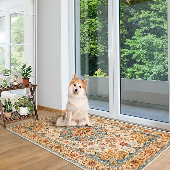 COMSLE Boho Area Rug, 3' x 5' Machine Washable Rugs for Entryway Faux Wool Large Rugs Distressed Throw Rug Non-Slip Floor Carpet for Indoor Bedroom Kitchen Living Room