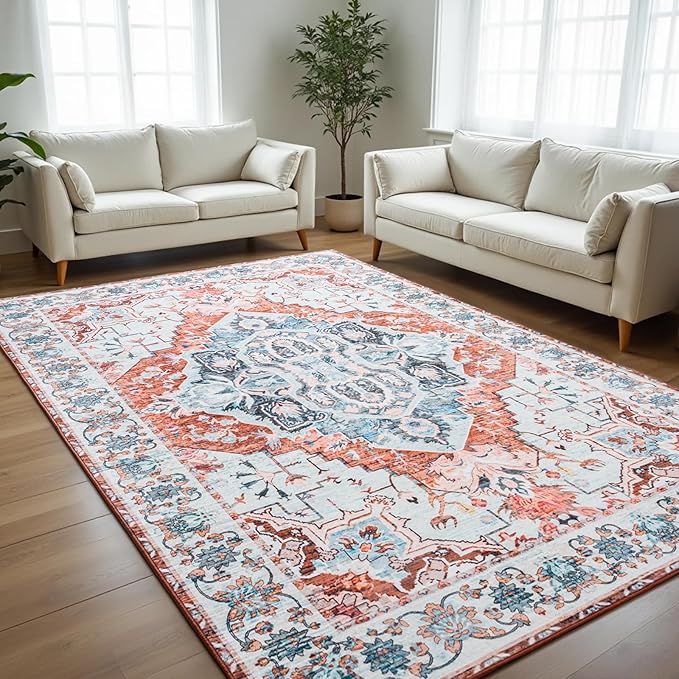 8x10 Area Rugs for Living Room, Machine Washable Non-Slip Low Pile Faux Wool Boho Vintage Carpet, Non-Shedding Large Rug for Bedroom Dining Room Office, Pastel Orange
