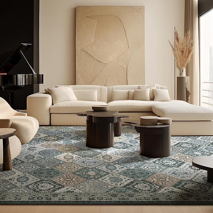Phantoscope Washable Round Area Rug 6ft Non-Slip, Vintage Boho Rugs for Living Room, Bedroom, Dining Room, Distressed Moroccan Mosaic Diamond Pattern, Low-Pile Foldable Floor Carpet, Grey Charcoal