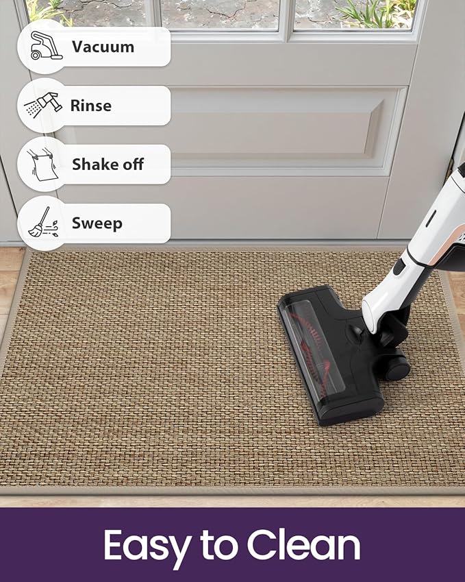 DEXI Ultra Thin Entryway Indoor Door Mat 24x36, Non Slip Rubber Backing Inside Entry Mat, Low Profile Easy Clean Dirt Trapper Doormat for Inside Entrance Patio, Beige