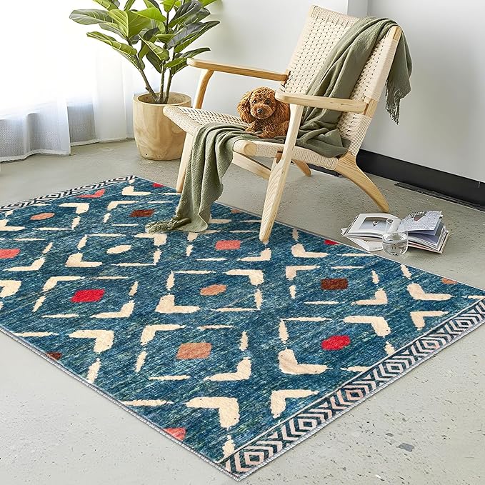 KILOCOCO Area Rug 3'x5' Rug for Entryway Washable Printed Bedroom Rugs Non Slip Boho Low-Pile Soft Rugs for Kitchen Dining Geometric Moroccan Carpet, Teal/Blue
