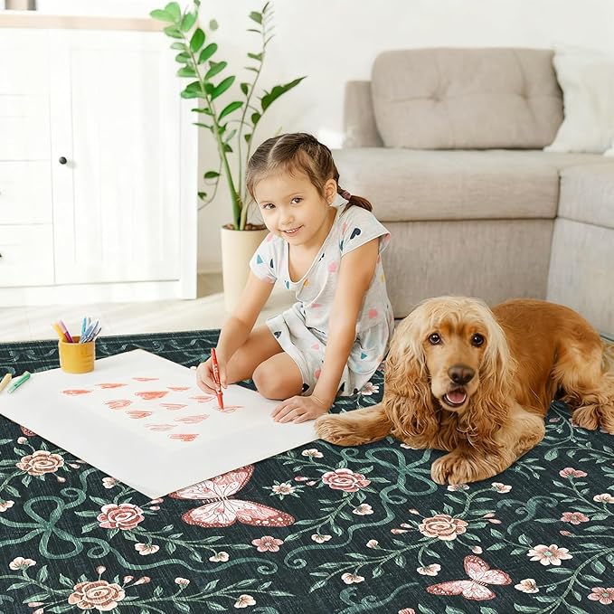 GarveeHome 3x5 Small Area Rug for Bedroom Floral Washable Rugs Non Slip Stain Resistant Living Room Throw Carpet Low Pile Dining Room Black Area Rug Butterfly Bow Rugs for Nursery Home Decor, 3x5